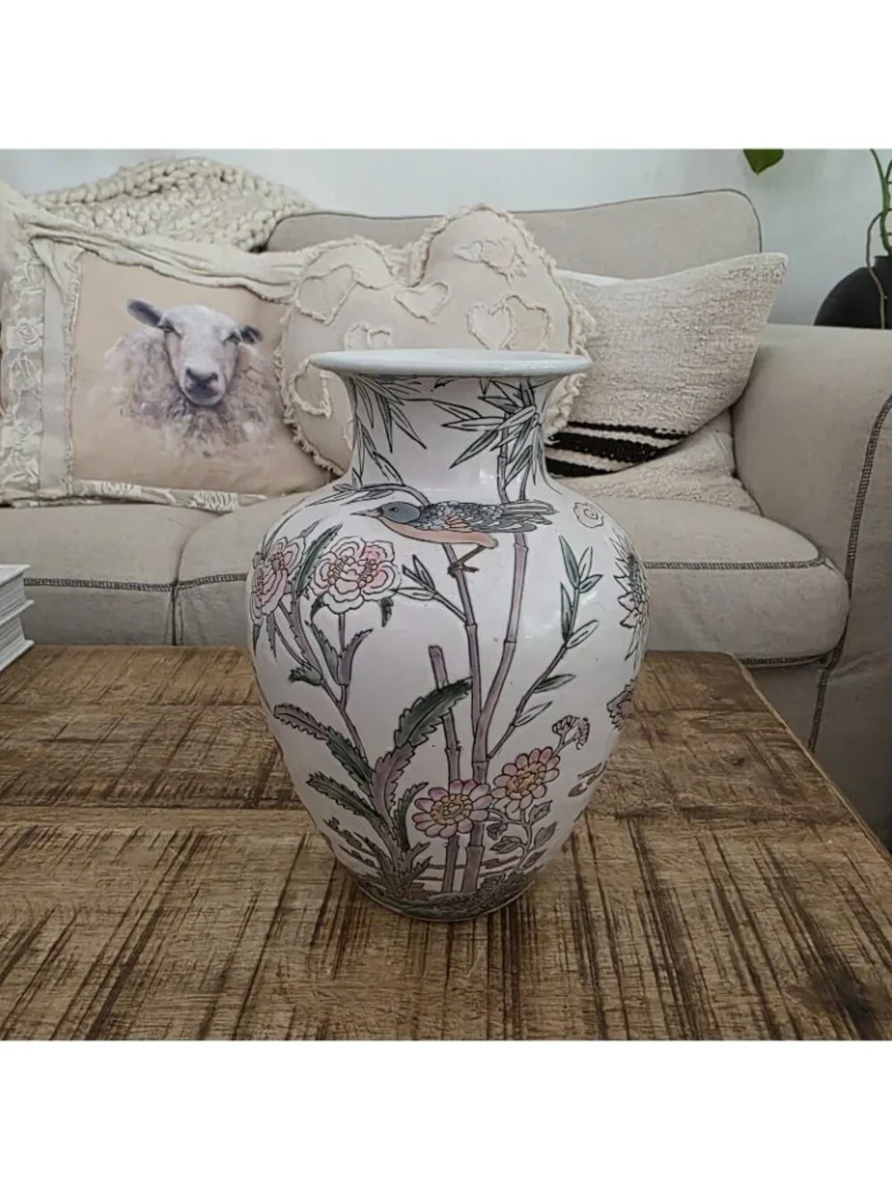 Vintage Chinese Chinoserie Vase Crane Bamboo Flowers 8.5